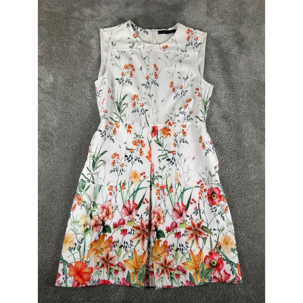 Zara Woman White Floral Botanical Sleeveless Fit Flare Dress Pockets Size M